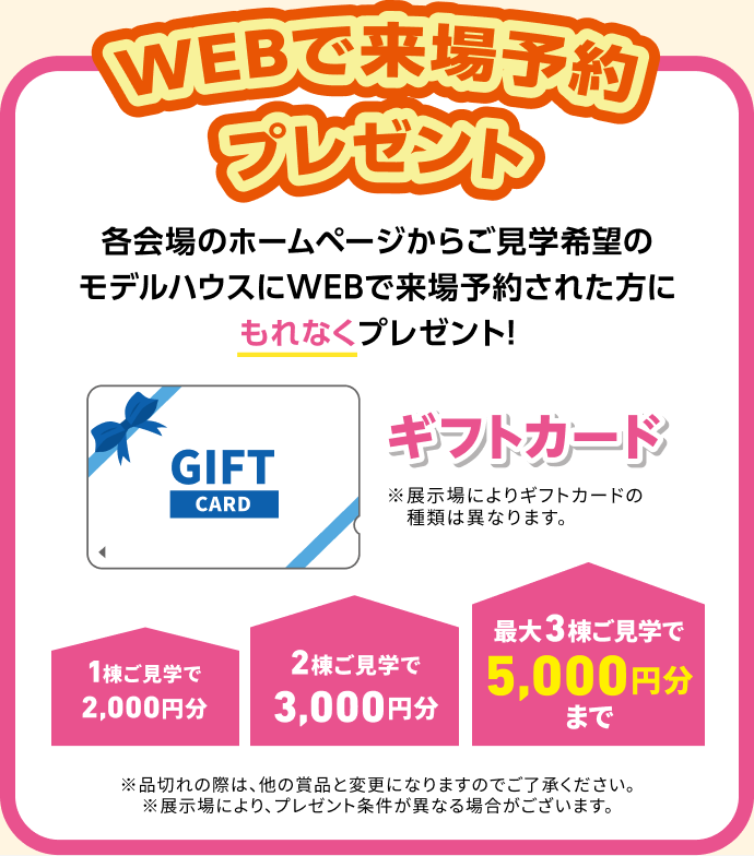 WEBで来場予約プレゼント。各会場のホームページから、ご見学希望のモデルハウスにWEBで来場予約された方にギフトカードをもれなくプレゼント！1棟ご見学で2,000円分、2棟で3,000円分、最大3棟で5,000円分まで。展示場によりギフトカードの種類やプレゼント条件が異なる場合があります。品切れの際は他の賞品と変更になります。